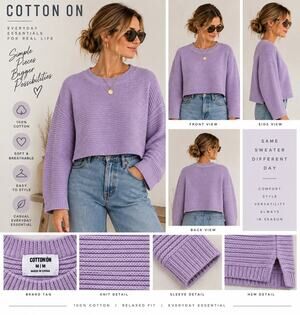 Cotton On Womens Sz M Lilac 100% Cotton Cropped Sweater Oversized Rib Knit Y2K
